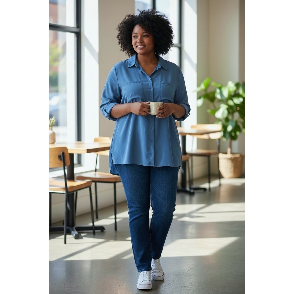 Torrid Blue Button Down Long Sleeve Blouse Top Pockets Size 4 Oversized